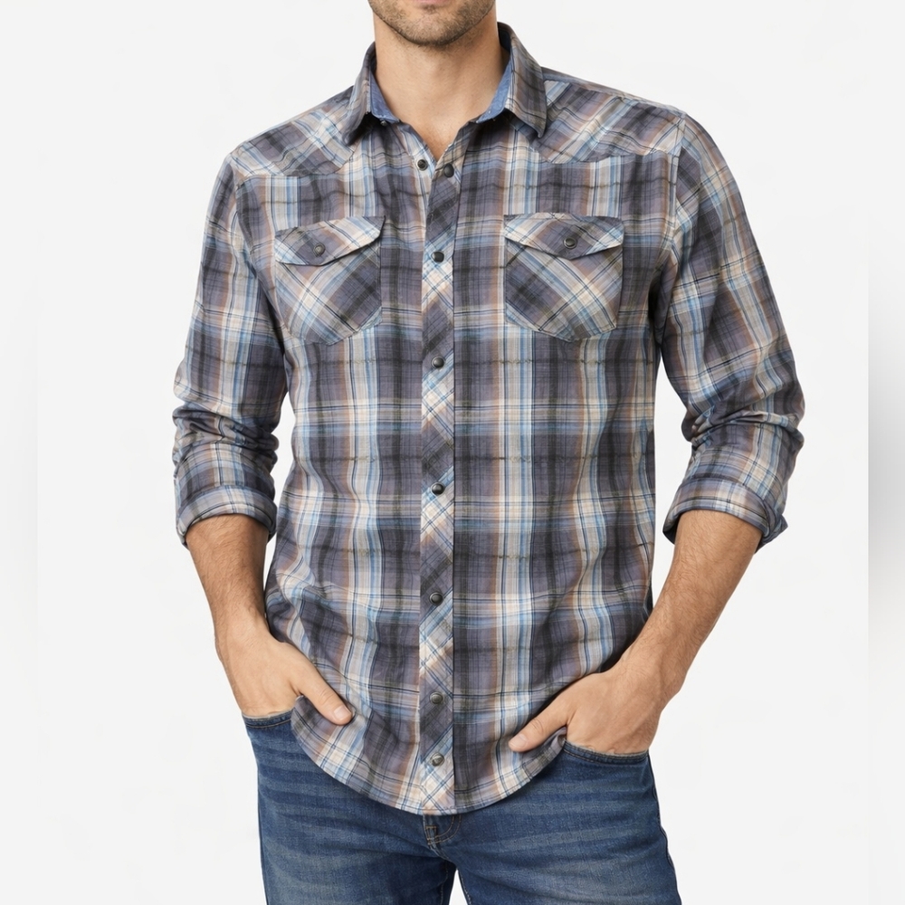 Coastal Pearl Snap Shirt Gray Plaid Size XL
